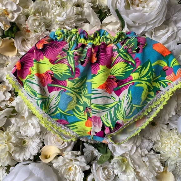 Floral Tropical Shorts Neon Blue & Yellow L - Picture 2 of 5